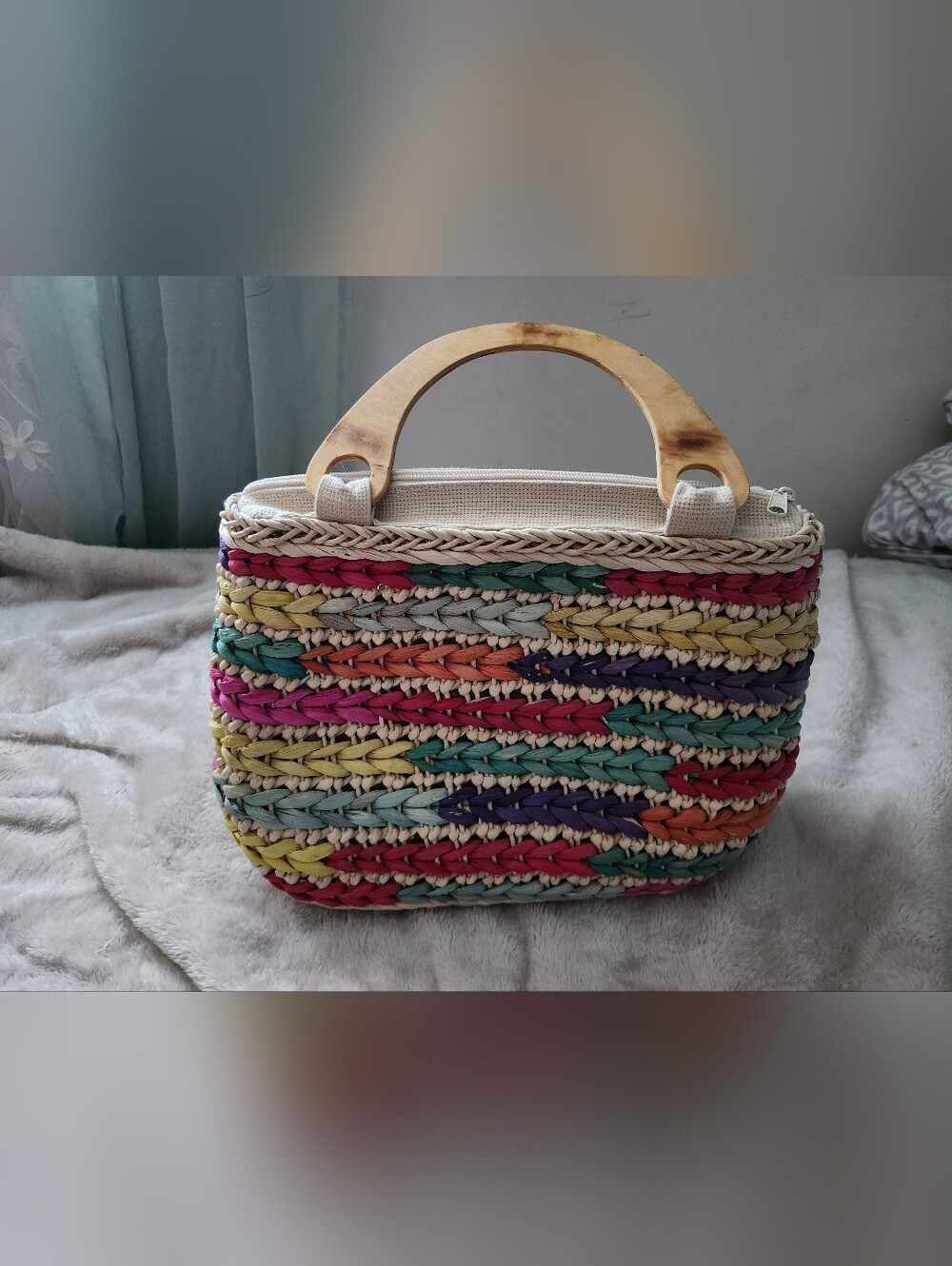 Woven Multicolor Straw Tote with Wooden Handles